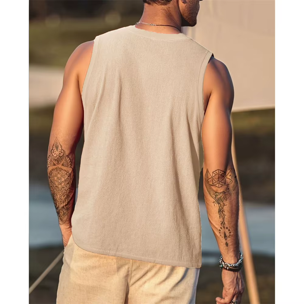 T-shirt sans manches en coton et lin pour hommes, Vintage, col en v, respirant, léger, Style basique, débardeur décontracté