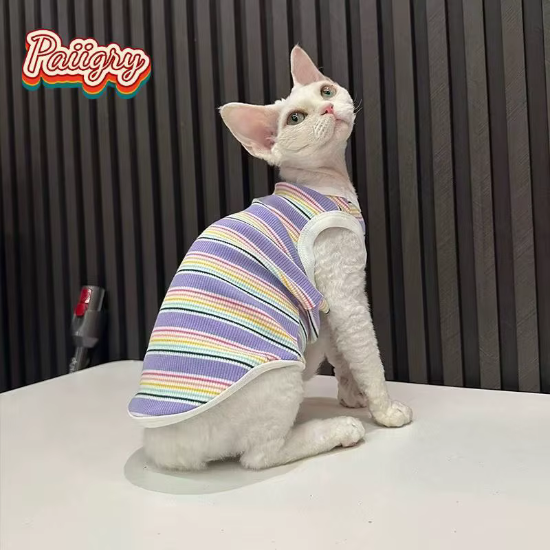 Gilets rayés colorés pour chats, vêtements d'été pour animaux de compagnie, pour chats sans poils, chats Devon, vêtements pour chats très extensibles