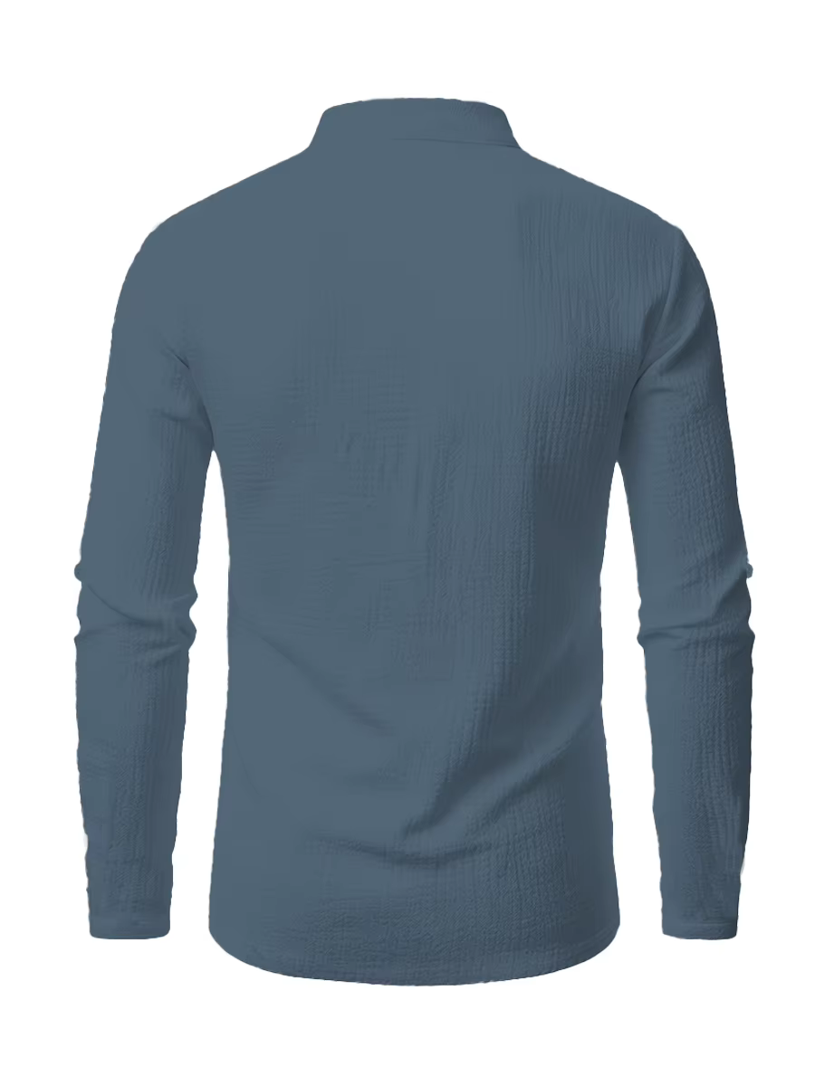 Chemise décontractée pour homme à col montant, manches longues, boutonnée