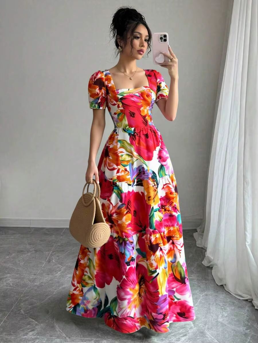 Robe longue maxi à col carré imprimée numériquement rouge, élégante robe d'été pour femmes, idéale pour le quotidien et les rendez-vous romantiques