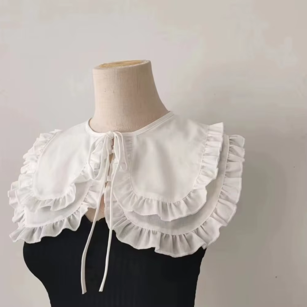 Faux col pour femme à grand revers, style demi-chemise, à lacets, double couche, couleur unie, à volants, style col de poupée, décoratif