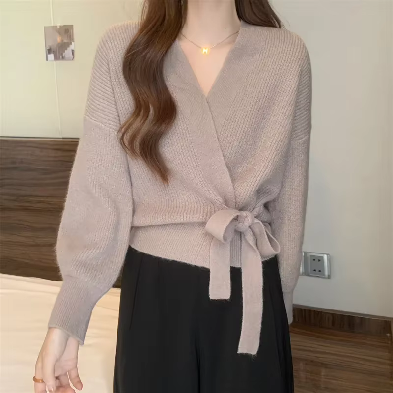 Cardigan portefeuille tricoté pour femmes, avec cravate latérale, surplis sur le devant, veste pull, automne hiver, mode élégante pour dames