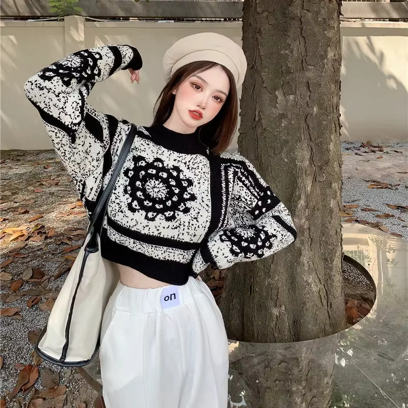 Pull femme graphique court hauts en tricot