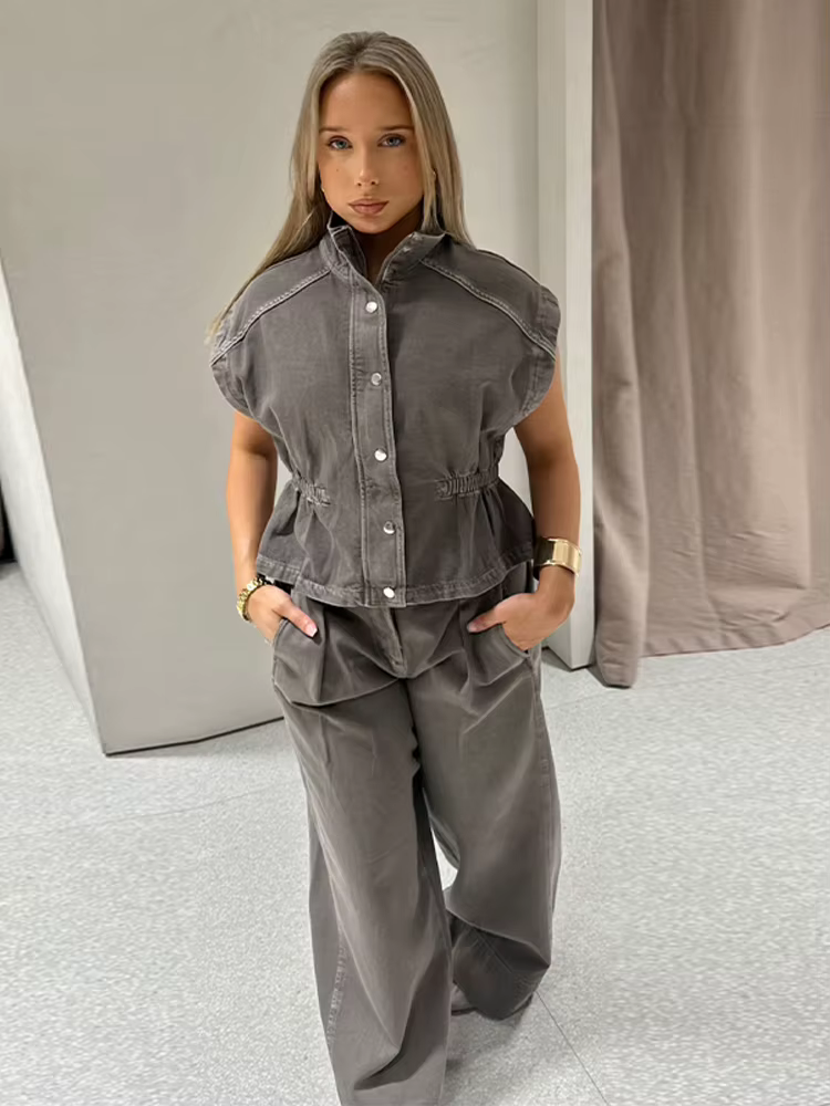 Ensembles de pantalons pour femmes en denim, avec gilet sans manches à col roulé et pantalon large taille haute, tenues chics pour femme, nouveauté pour les soirées