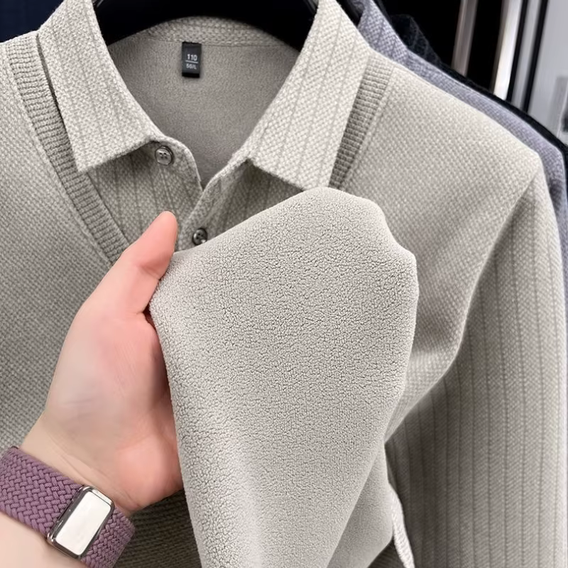 Pull pour hommes col Polo étiquette Patchwork rayures doublure en laine peluche tricoté épaissi pull marque de luxe impression Thermo vêtements pour hommes