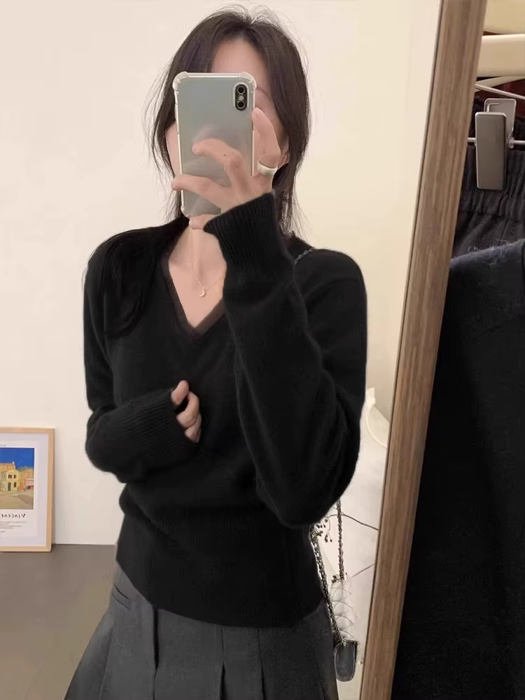 Pull coréen Patchwork à pois col en v pulls femmes Sueter Mujer à manches longues doux