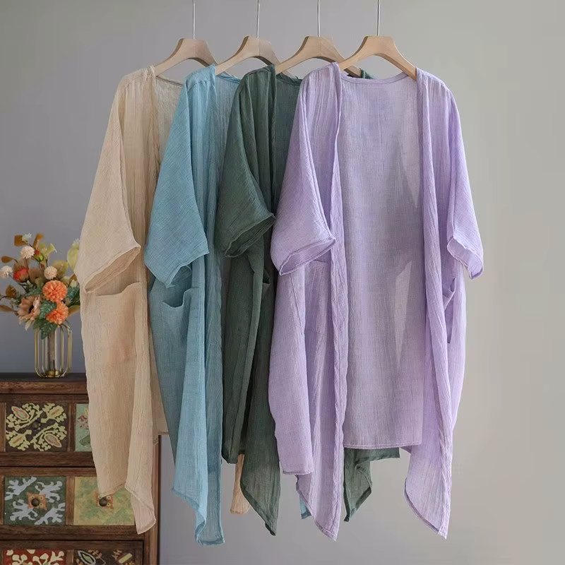 Cardigan en coton et lin pour femmes manteau à col en V