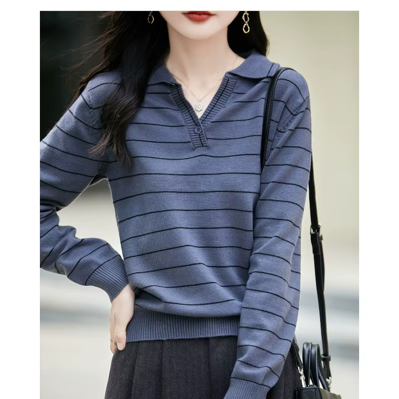 Pull à manches longues et col rayé de Style français pour femmes