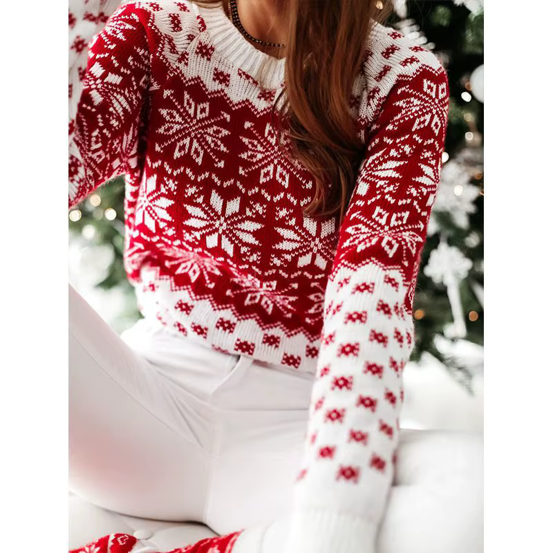 Nouveau Style femmes noël flocon de neige pull hiver chaud tricoté à manches longues O cou hauts