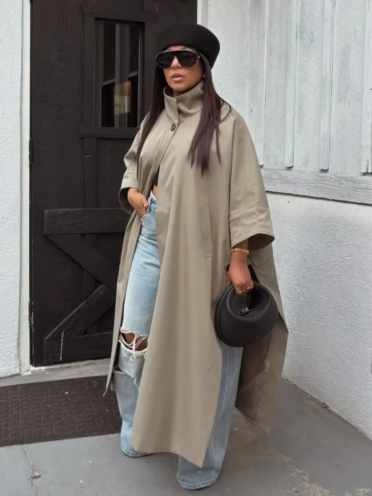 Manteau cape oversize à col montant, manches chauve-souris trois quarts, devant ouvert, long poncho, veste ample maxi pour femme, vêtement d'extérieur 2026