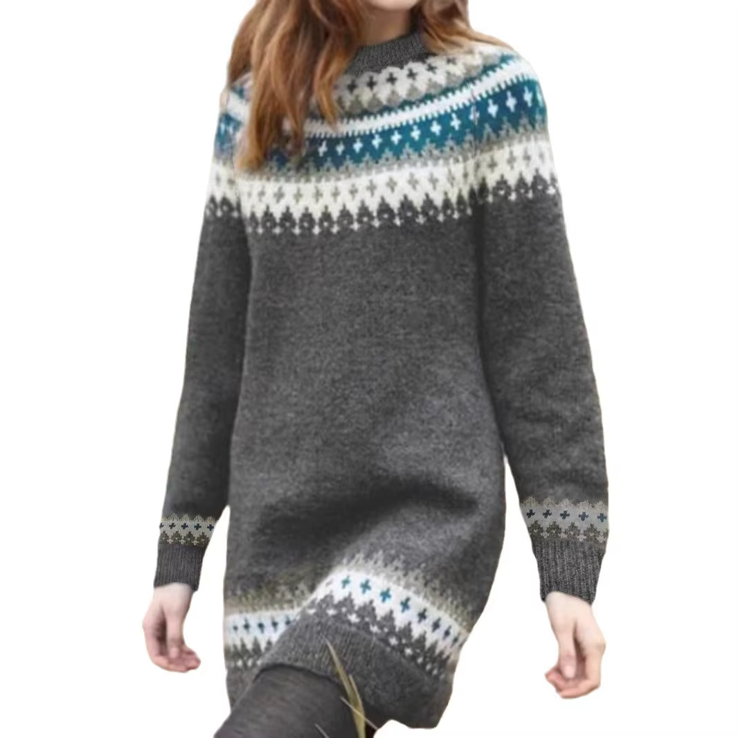 Pull long élégant en maille polyester avec motif géométrique pour femmes grandes tailles automne hiver confortable et durable