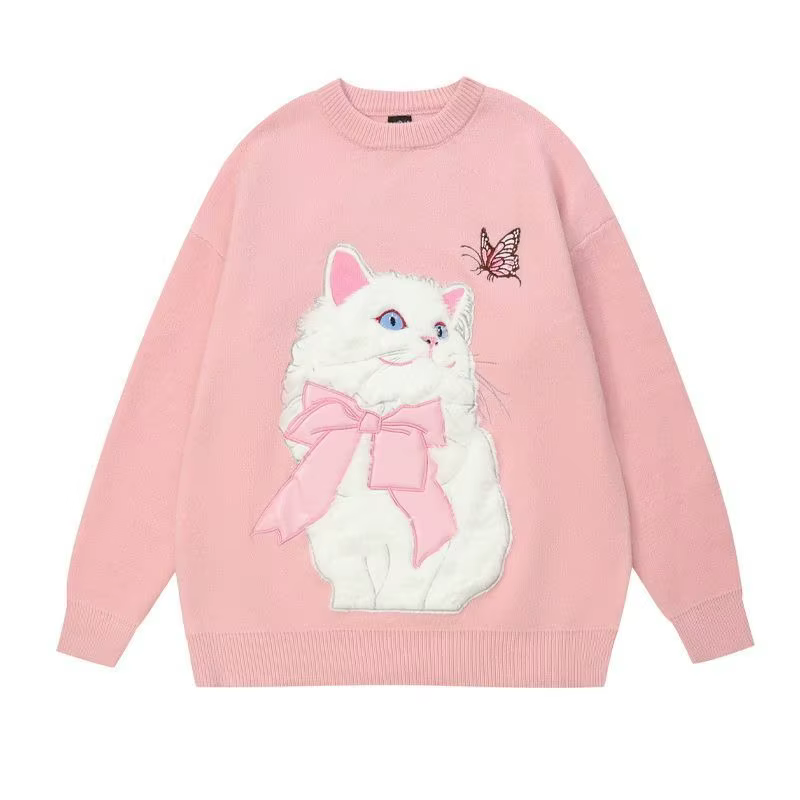 Doux fille femmes dessin animé pull mignon flocage chat à manches longues col rond haut tricoté automne hiver nouveau tricoté sweat surdimensionné