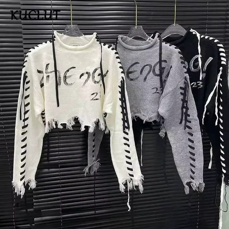 KUCLUT 2025 automne nouveau Design de mode lettre cravate tricoté pull haut pour femmes décontracté taille haute pulls femme 1A570