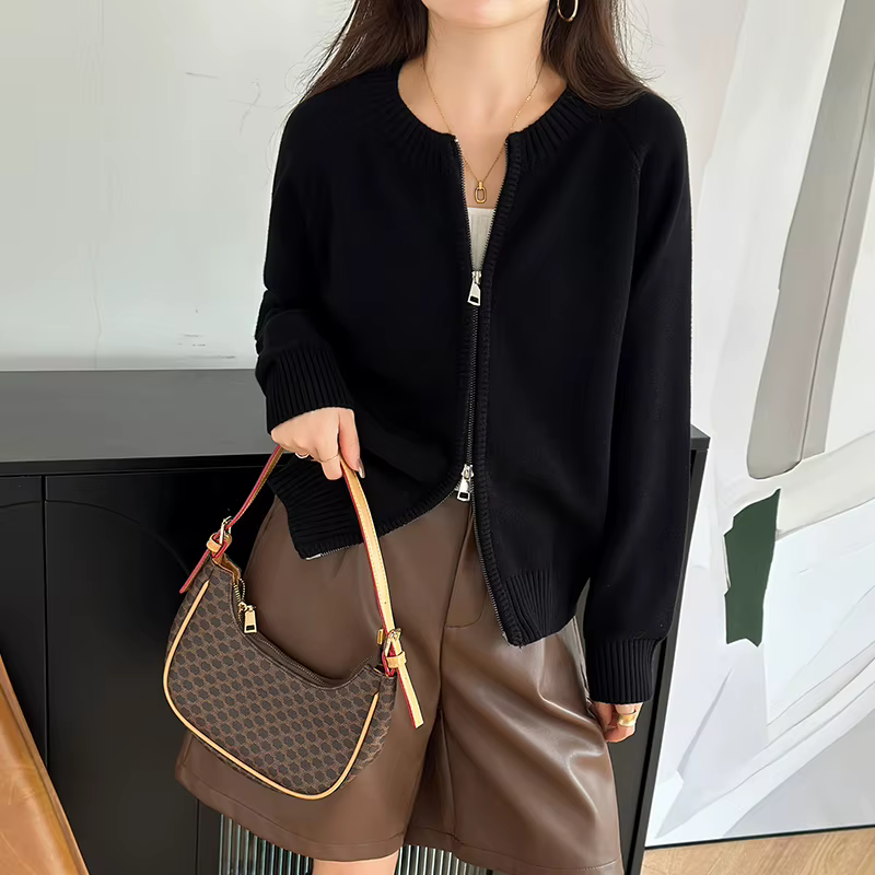 Double fermeture éclair pull Cardigan femmes à manches longues pur vêtements d'extérieur en coton automne hiver femme veste décontractée tricots B3032116