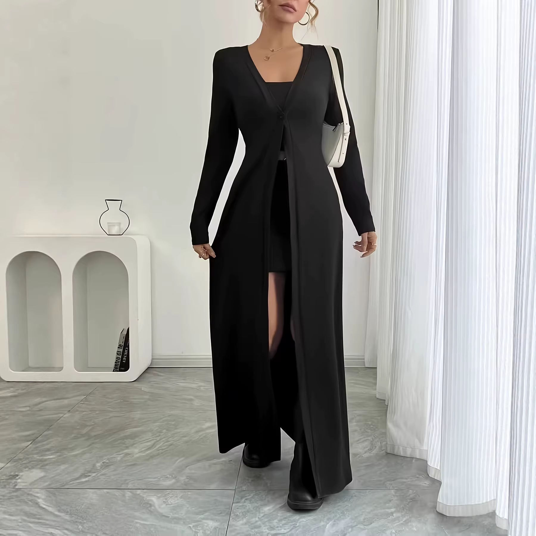 Cardigan noir tricoté à col en V et fermeture à bouton unique, coupe ajustée et amincissante pour femmes, occasions spéciales et quotidienne