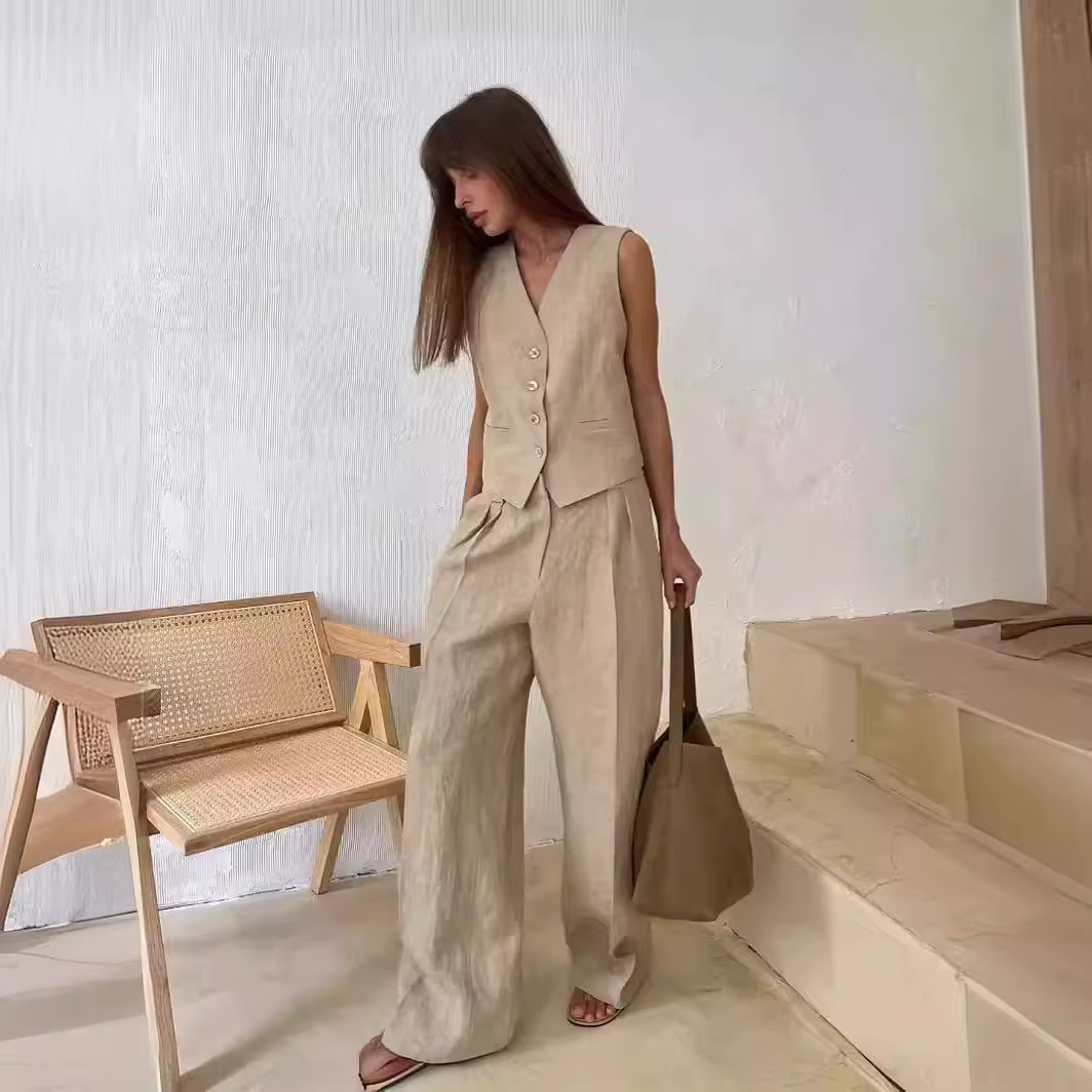 Été femmes gilet haut pantalons décontractés deux pièces costume 2025 nouvelle mode féminine gilet sans manches taille basse pantalon costume coton lin ensemble