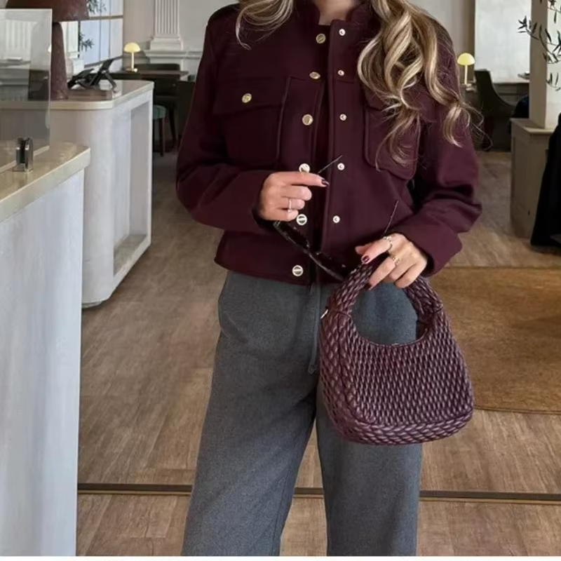 Veste courte à col montant pour femmes, manteau Vintage décontracté à Double boutonnage