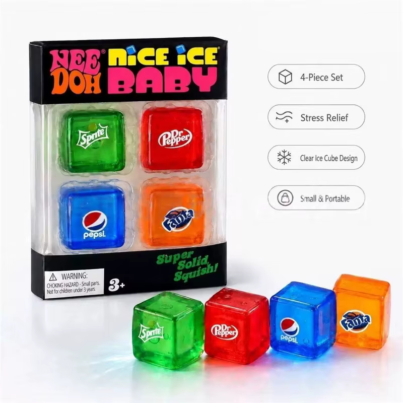 Needoh Nice Ice Mini 4 Pack Cubes de canettes de cola à rebond lent, sensoriels, apaisants, anti-stress, pour soulager l'anxiété, favoriser la relaxation, pour adultes, cadeau