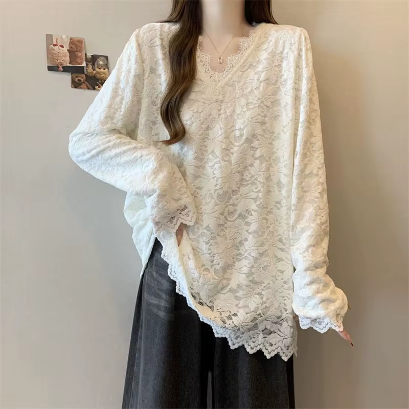 Col en V dentelle Patchwork lâche coréen pulls haut automne hiver nouveau à manches longues solide doux t-shirts mode paresseux femmes vêtements