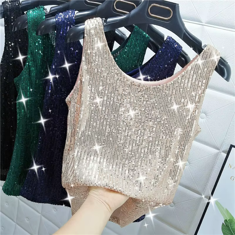 Gilet à paillettes scintillantes et col rond pour femmes