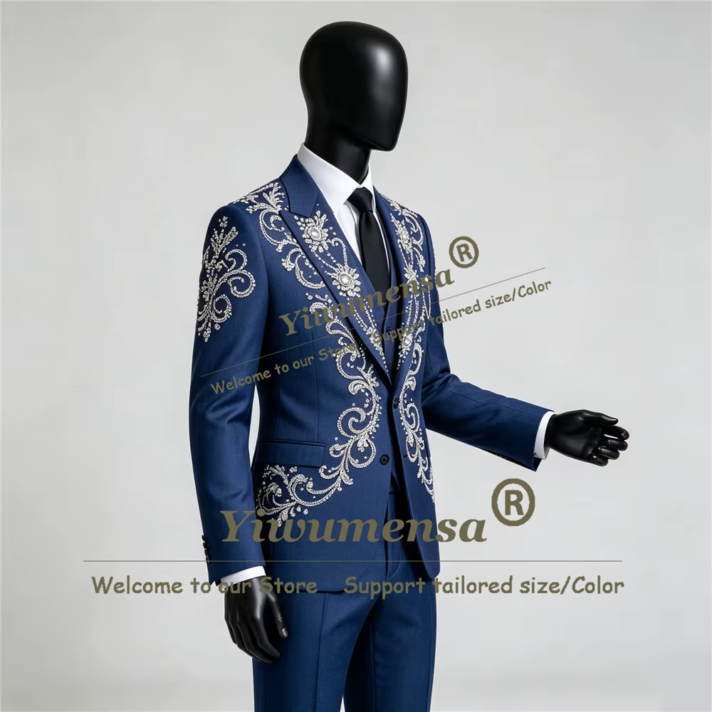 Costume de Mariage de Luxe pour Homme – Veste, Gilet et Pantalon Brodés à la Main – Smoking de Marié Personnalisé Coupe Slim 3 Pièces – Trajes Para Hombre