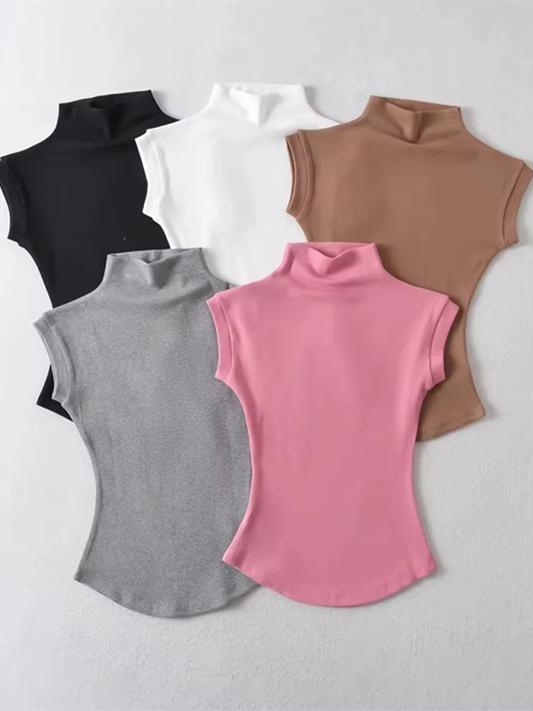 Femmes été Sexy col roulé sans manches T-Shirts hauts solide coupe ajustée pulls