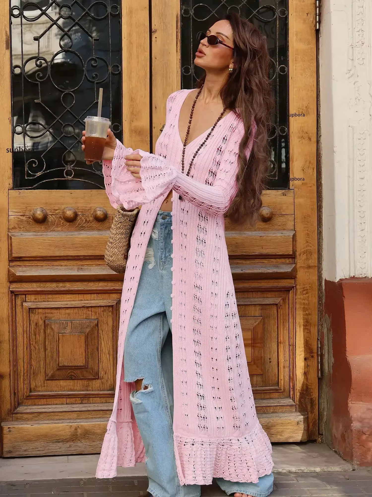 Robe longue pull à boutonnage creux pour femmes