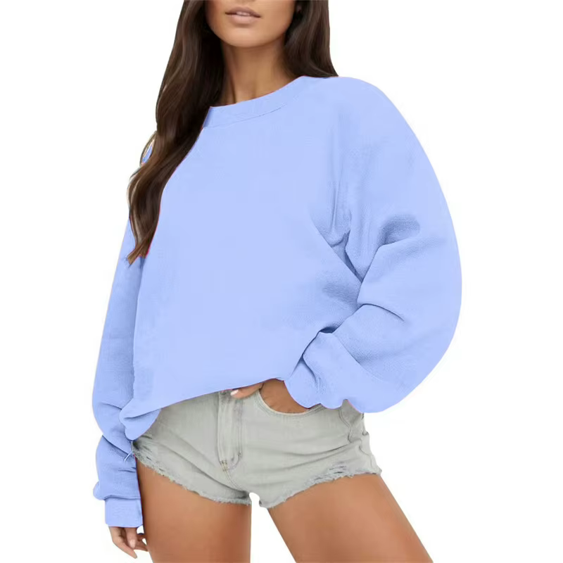Printemps automne femmes sweat quotidien pull décontracté couleur unie vêtements de sport confort haut col en o ample à manches longues sweat-shirt