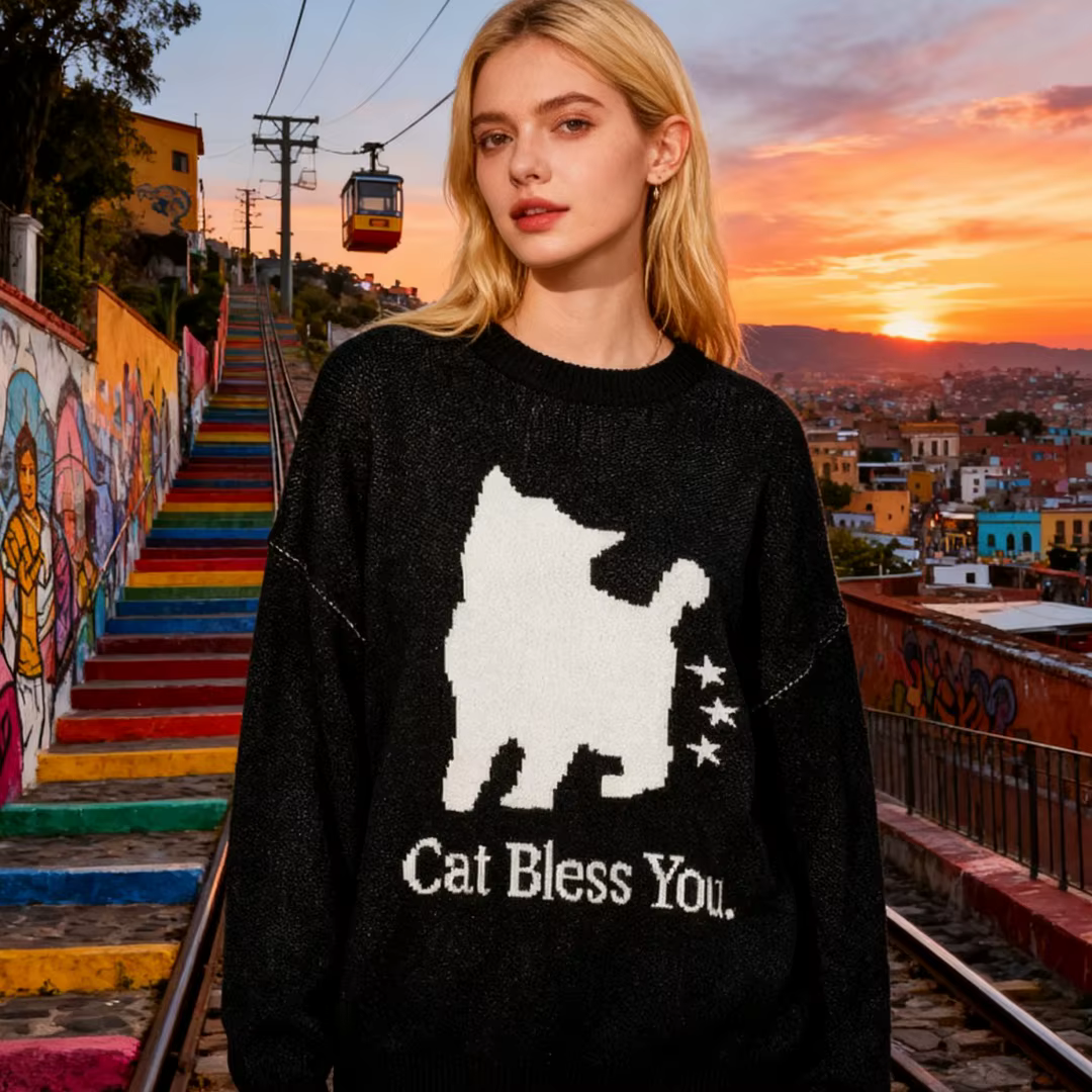 Pull tricoté chat noir pour femmes