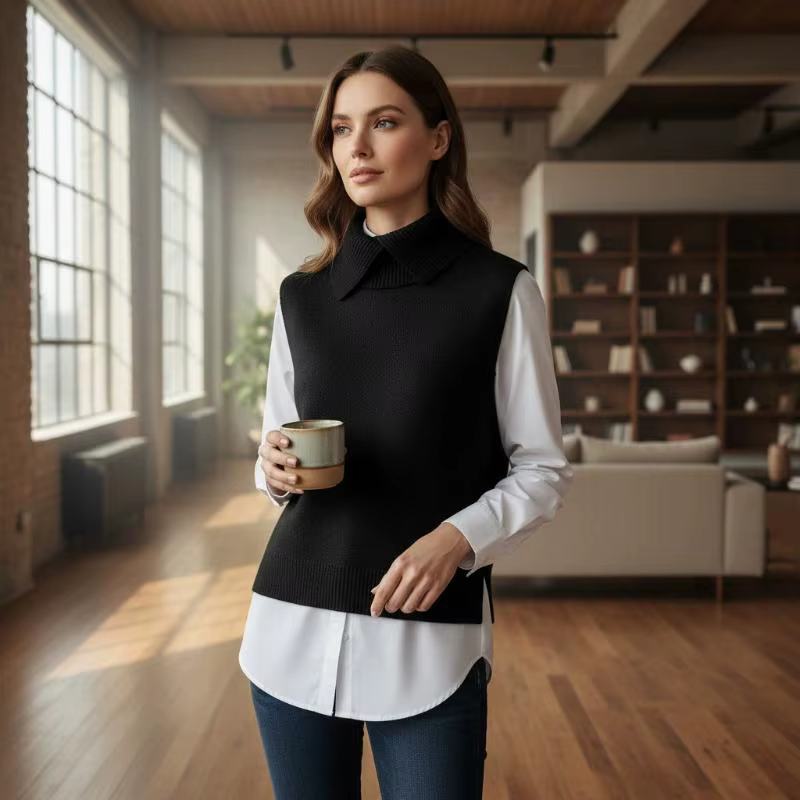 Gilet en tricot coréen uni à col rabattu sans manches