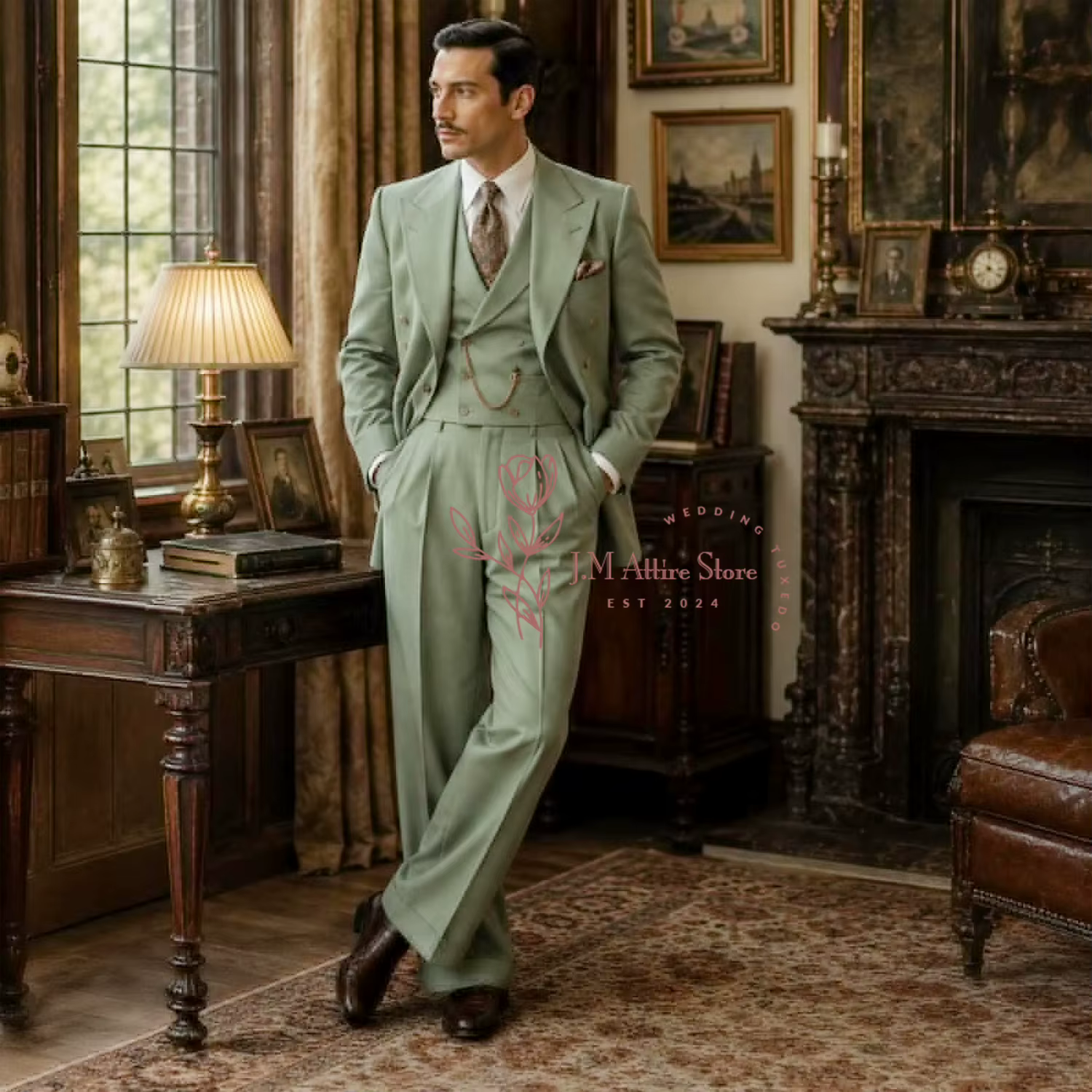Costume 3 pièces vert sauge vintage pour garçons d'honneur, veste à revers Peaky, gilet et pantalon croisé, vêtements de mariage personnalisés pour hommes