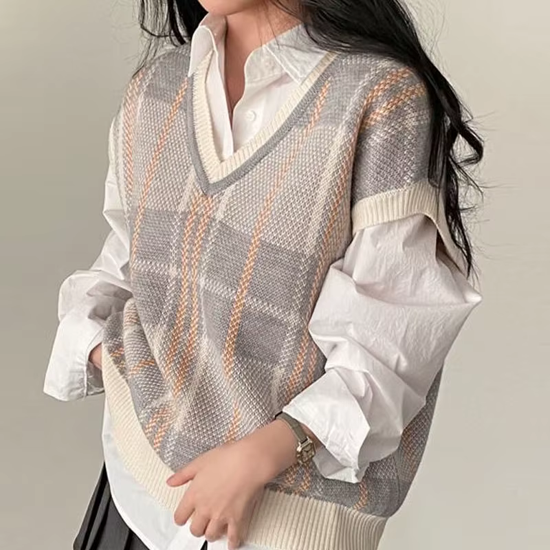Vintage col en v Plaid Pull gilet femmes automne hiver