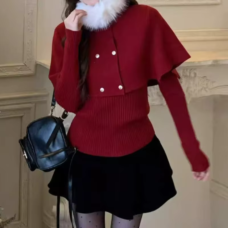 Pull rouge col en fourrure pour femme