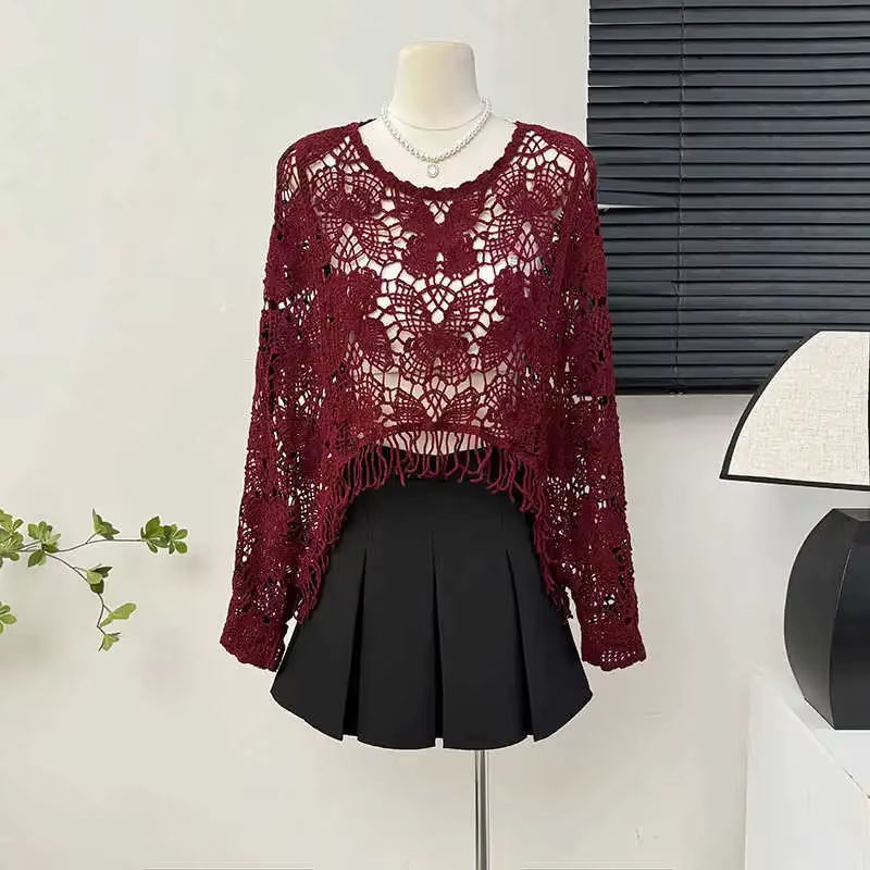 Poncho court en tricot à franges avec manches chauve-souris pour femmes