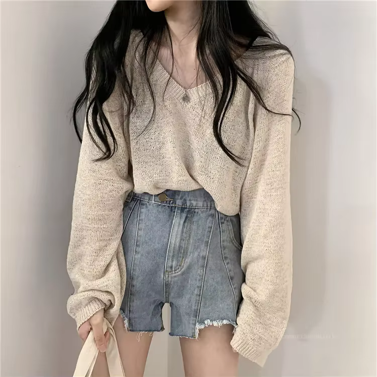 Col en v tricots femmes 2025 nouveau automne couleur unie hauts Style ample à manches longues bureau pulls femme