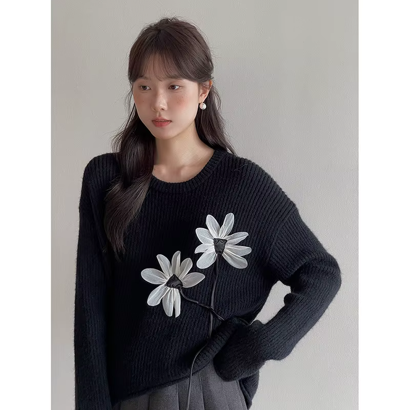 Pull rétro à fleurs tridimensionnelles pour femmes