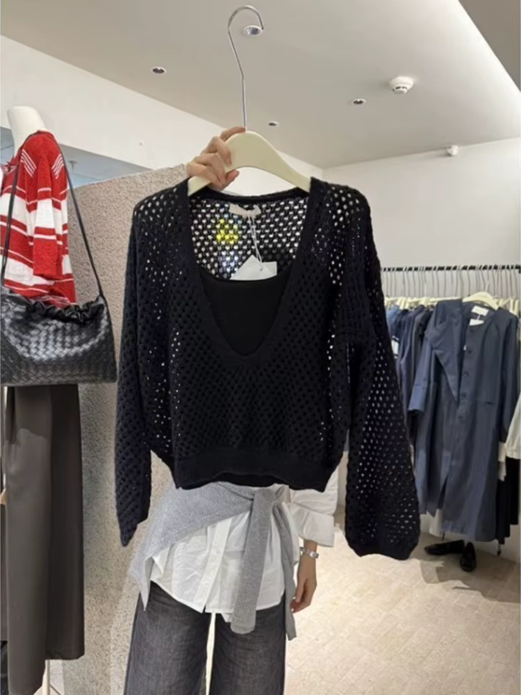 Pulls coréens 2 pièces ensembles évider tricot Pull coupe ajustée fronde gilet costume Sueter Mujer décontracté mode