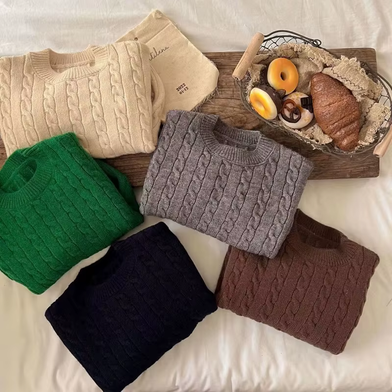 Pull tricoté à rayures torsadées pour bébé garçon et fille, couleur unie, vêtements de printemps et d'automne pour bébé de 2 à 10 ans