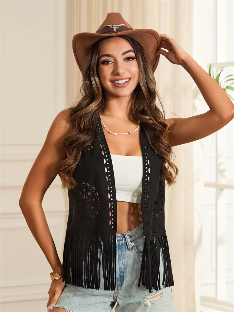 Gilet en Faux daim à franges pour femmes