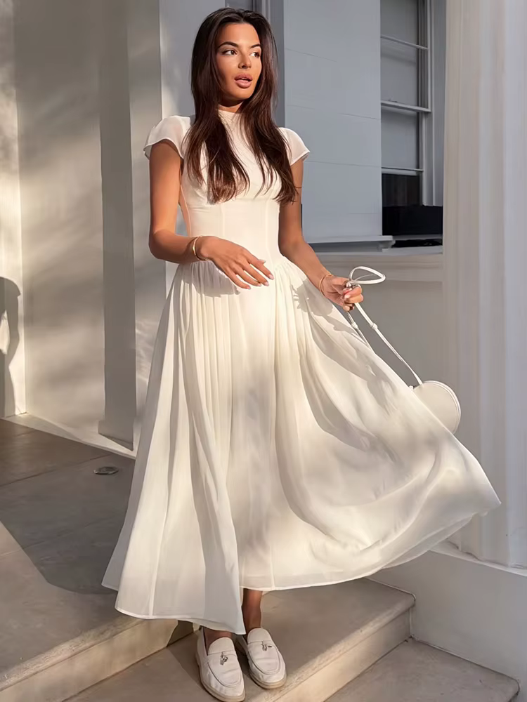 Robe longue moulante à col semi-montant pour femme, couleur unie, manches courtes, taille cintrée, coupe trapèze, élégante, nouvelle collection