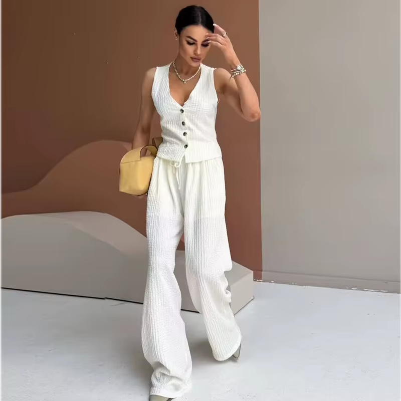 MUJER femmes pantalons ensembles texturés taille haute pantalons ensembles pour femmes 2 pièces sans manches gilet femme tenue dame ensembles femmes costumes