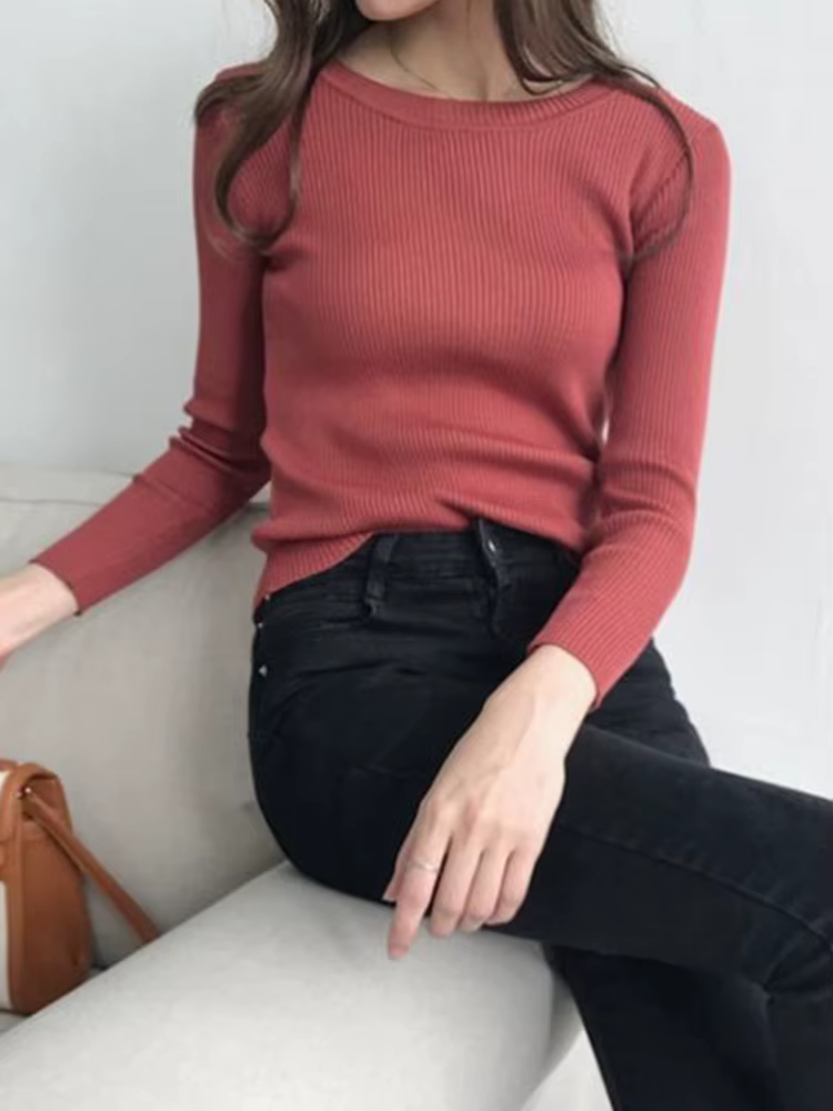Nouveau Pull Femme 2026 Automne Hiver Manches Longues Col Rond Basique Tendance Élastique Tricoté Uni