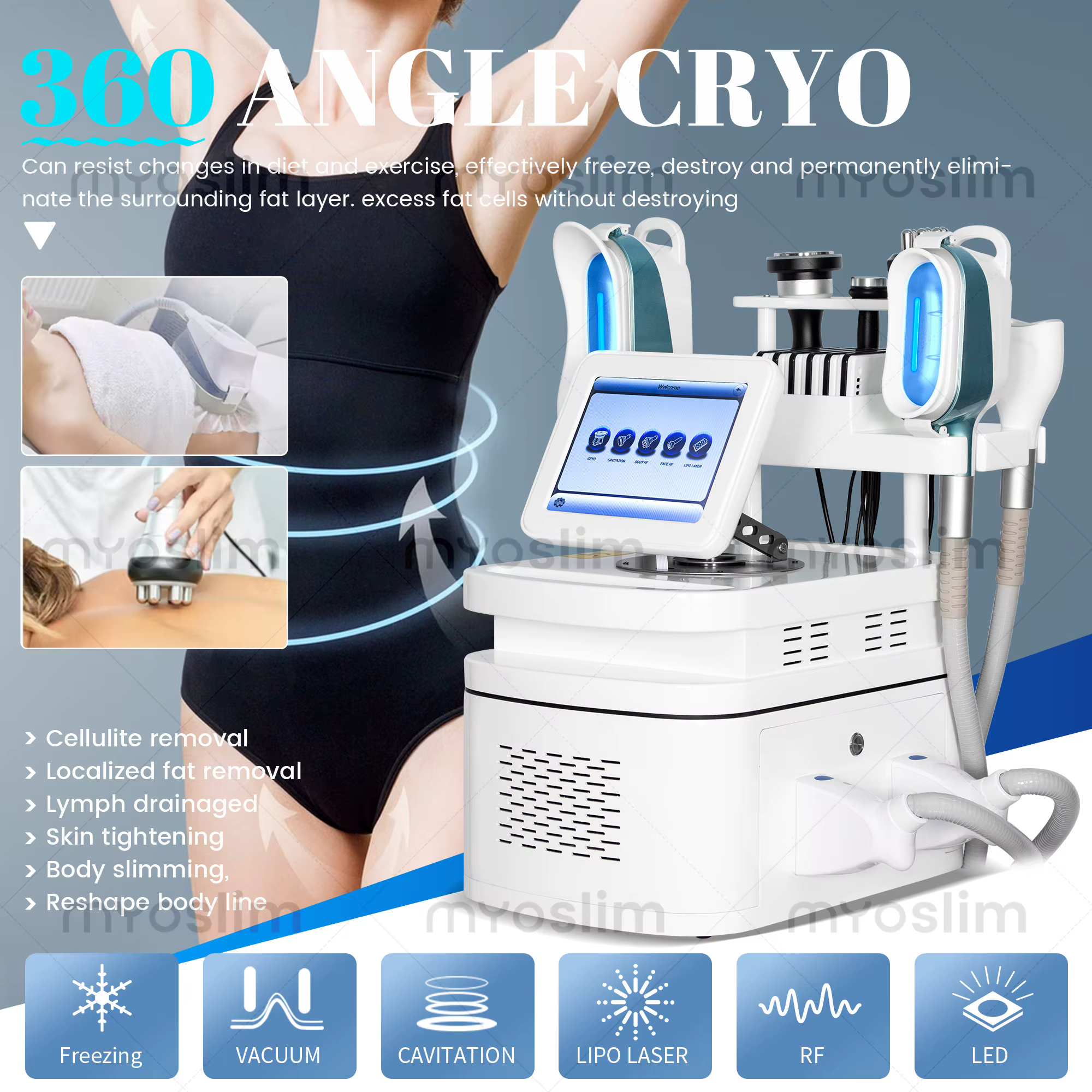 360 °   Sculpture corporelle par cryolipolyse pour une élimination efficace des graisses et une minimisation de la cellulite grâce à la technique de cavitation sous vide