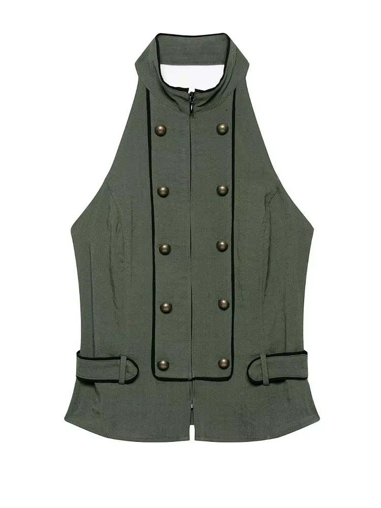 HH Gilet Militaire Bohème Romantique Olive pour Femme