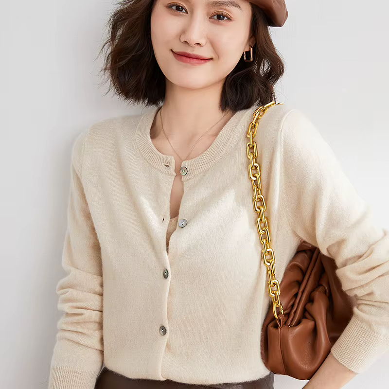 Cardigans en cachemire tricoté à col rond pour femme, pull solide à simple boutonnage, printemps-automne, 2022