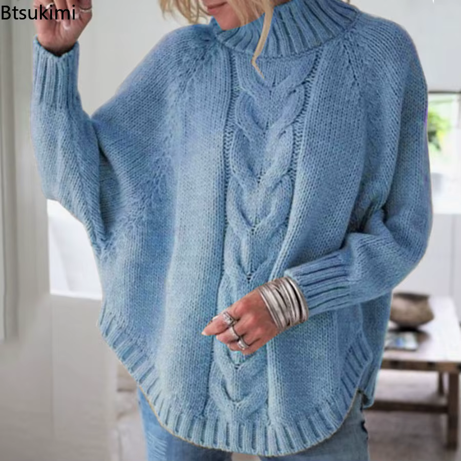Pull-over col roulé décontracté pour femme 2026 – Basiques tricotés amples à manches chauve-souris pour l'automne et