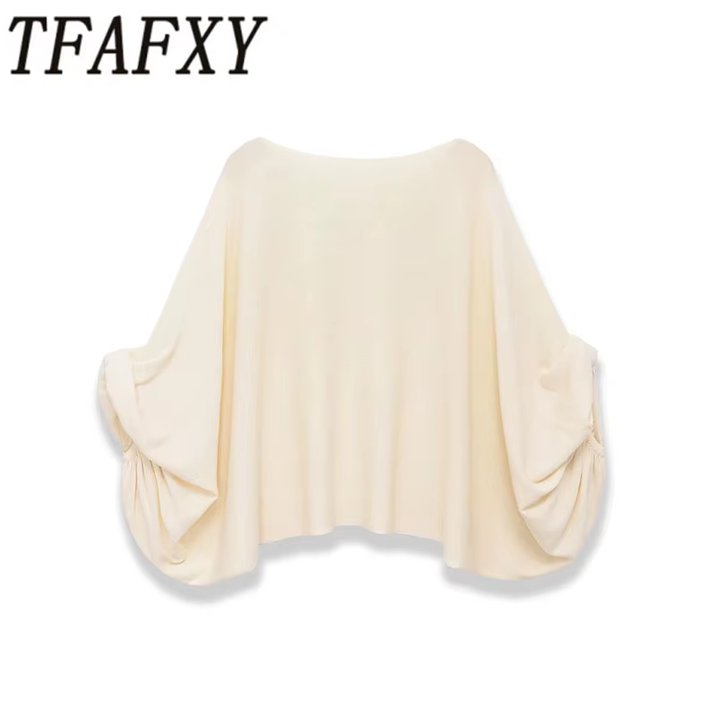 TFAFXY 2026 – Nouveau pull décontracté chic en maille unie beige à manches chauve-souris amples pour femme