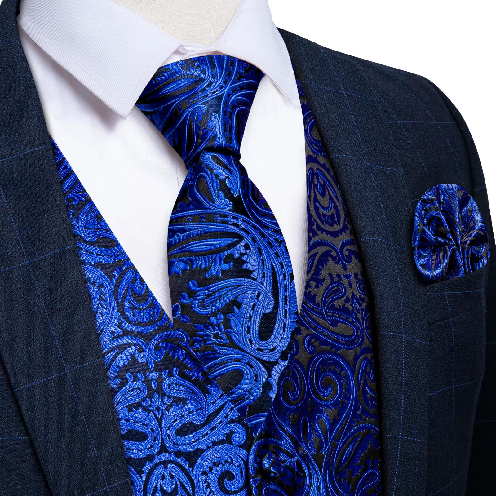 Gilet de costume de luxe pour hommes, bleu Royal, Paisley, avec cravate au cou, mouchoir, boutons de manchette, manches de smoking pour bal de mariage
