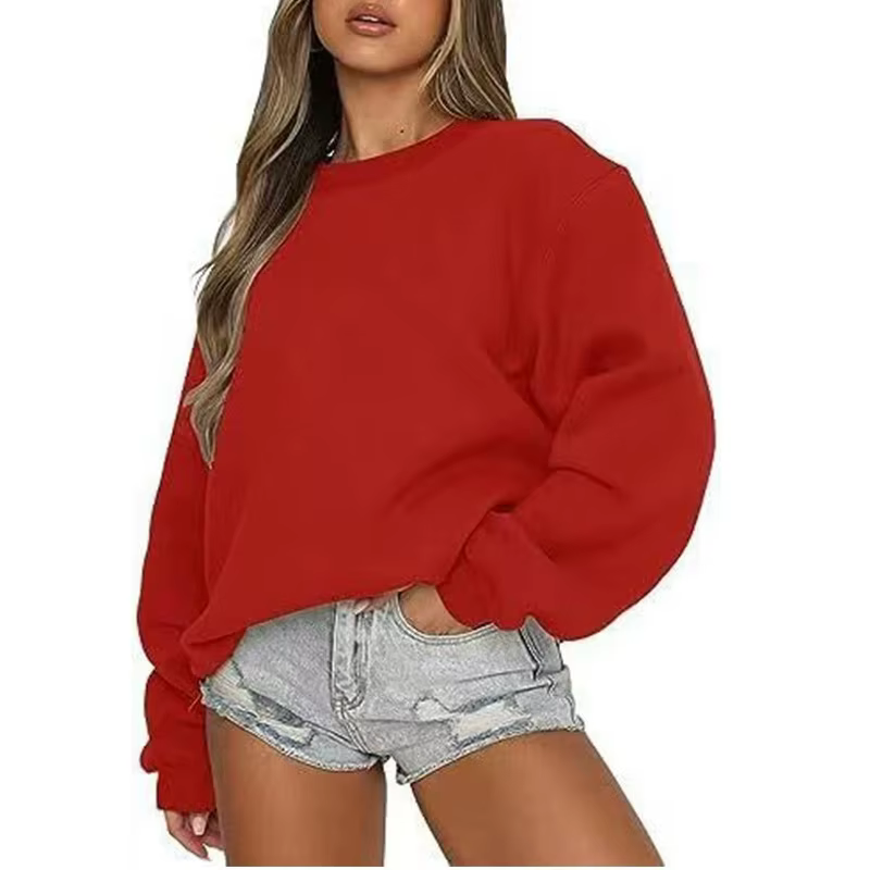 Printemps automne femmes sweat quotidien pull décontracté couleur unie vêtements de sport confort haut col en o ample à manches longues sweat-shirt