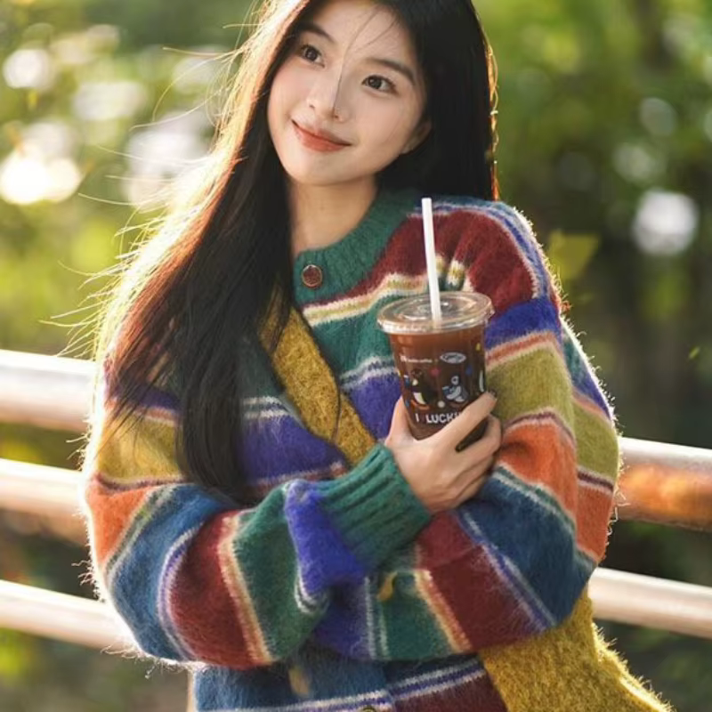 Pull ample et chaud tricoté à rayures arc-en-ciel pour femme
